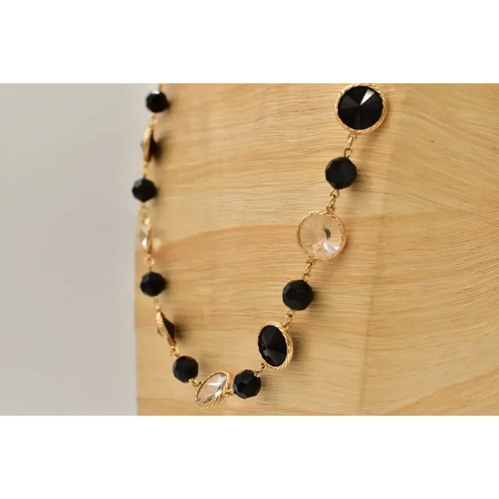 Vintage Open Bezel Crystal Necklace Beaded Black Clear Glass Heavy Chunky BinBJ